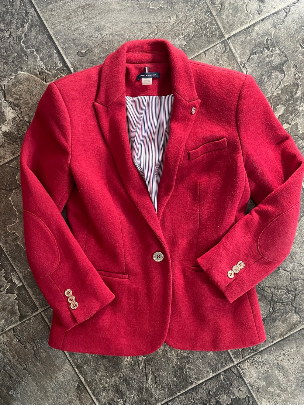 TOMMY HILFIGER Classic Preppy Tailored Elbow-Patch Deep Red Office Blazer Jacket